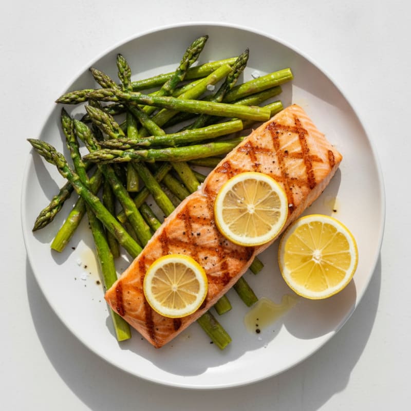 Grilled Salmon Filet with Roasted Asparagus and Lemon