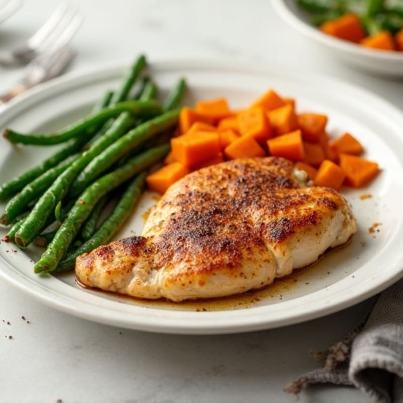 Baked Cinnamon-Spiced Chicken with Roasted Sweet Potatoes and Crispy Green Beans