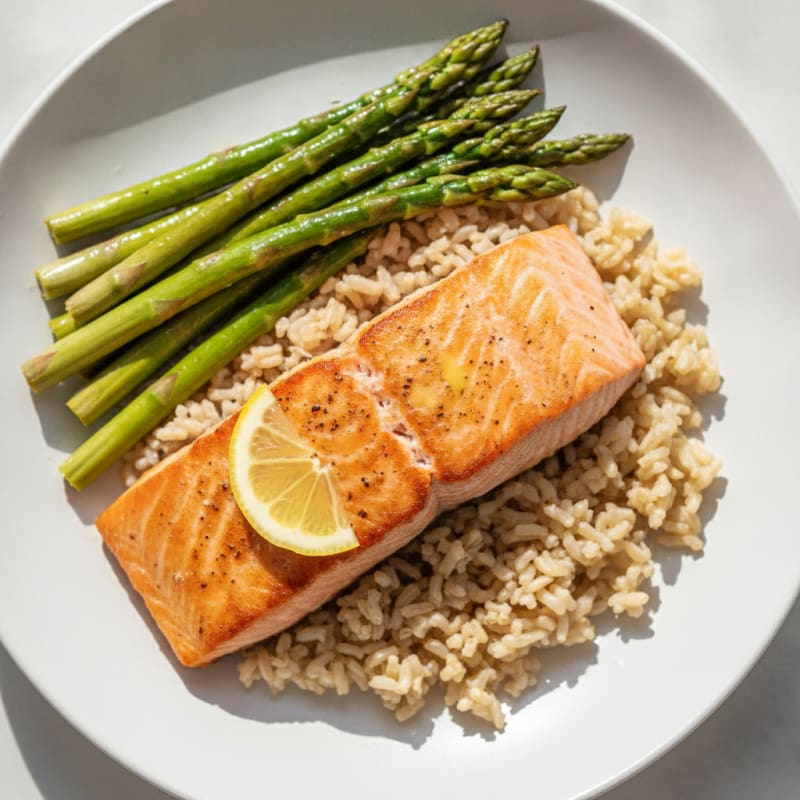 Seared Salmon with Steamed Asparagus and Brown Rice