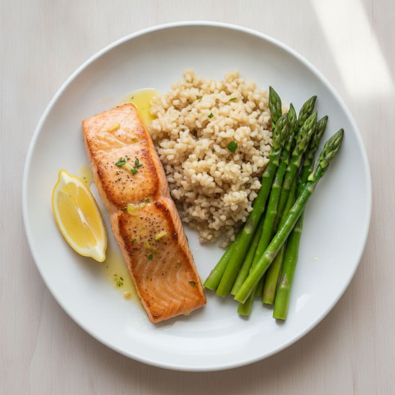 Seared Salmon with Steamed Asparagus and Brown Rice