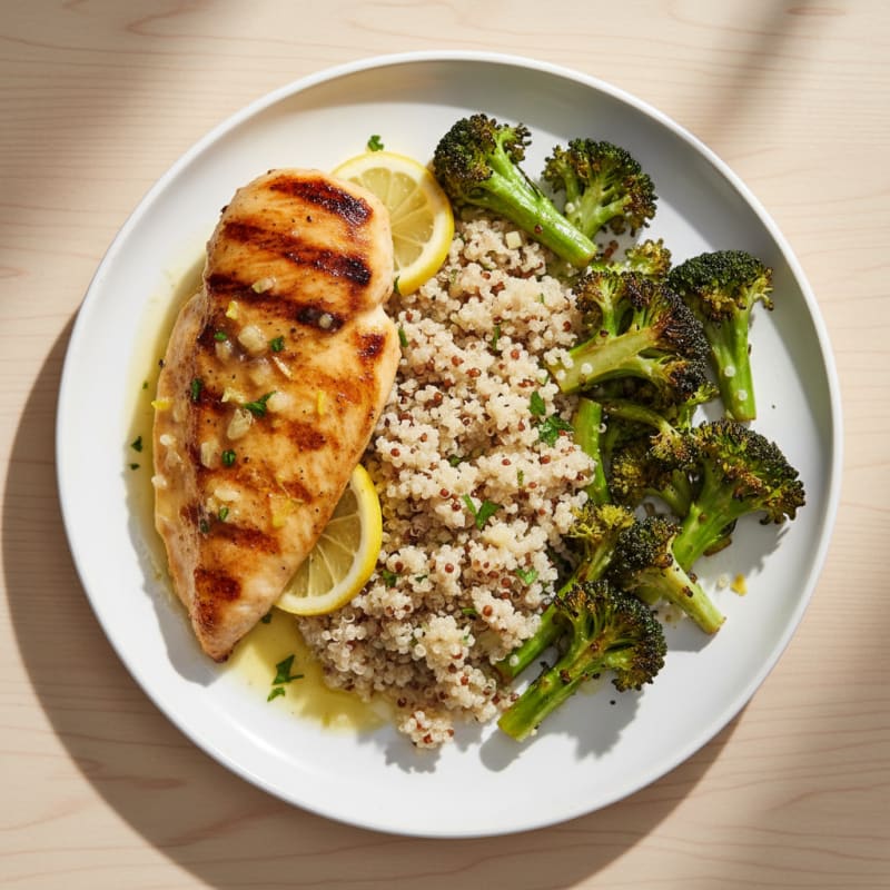 Grilled Lemon Garlic Chicken Breast with Roasted Broccoli and Quinoa