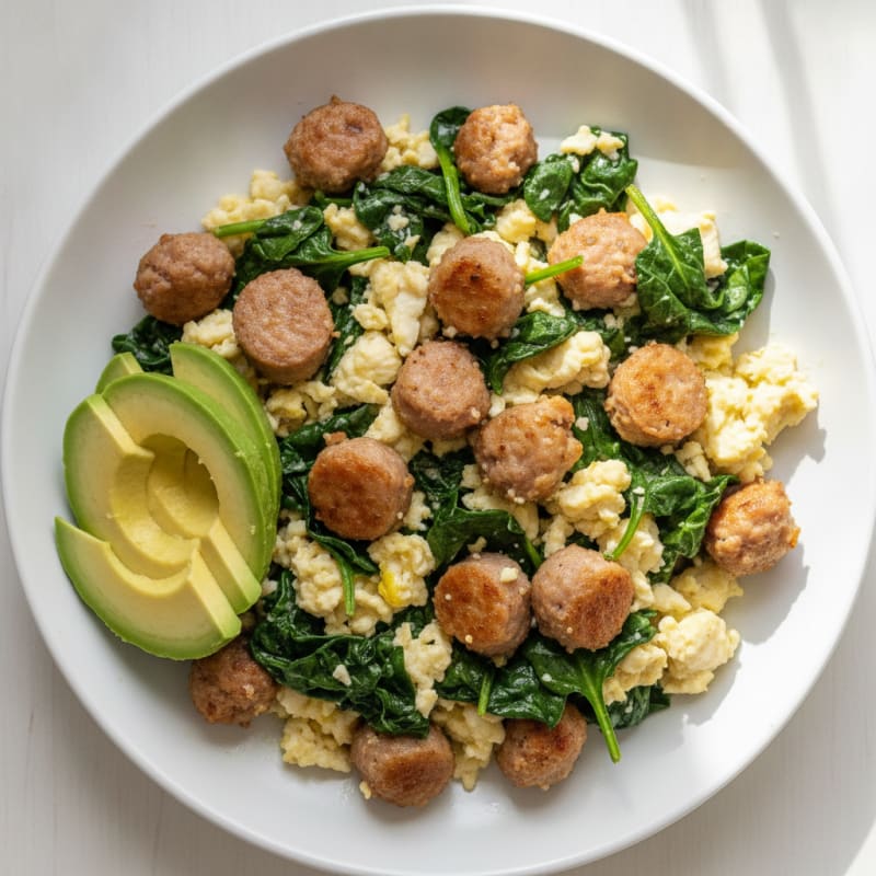 Egg White and Turkey Sausage Scramble with Sautéed Spinach
