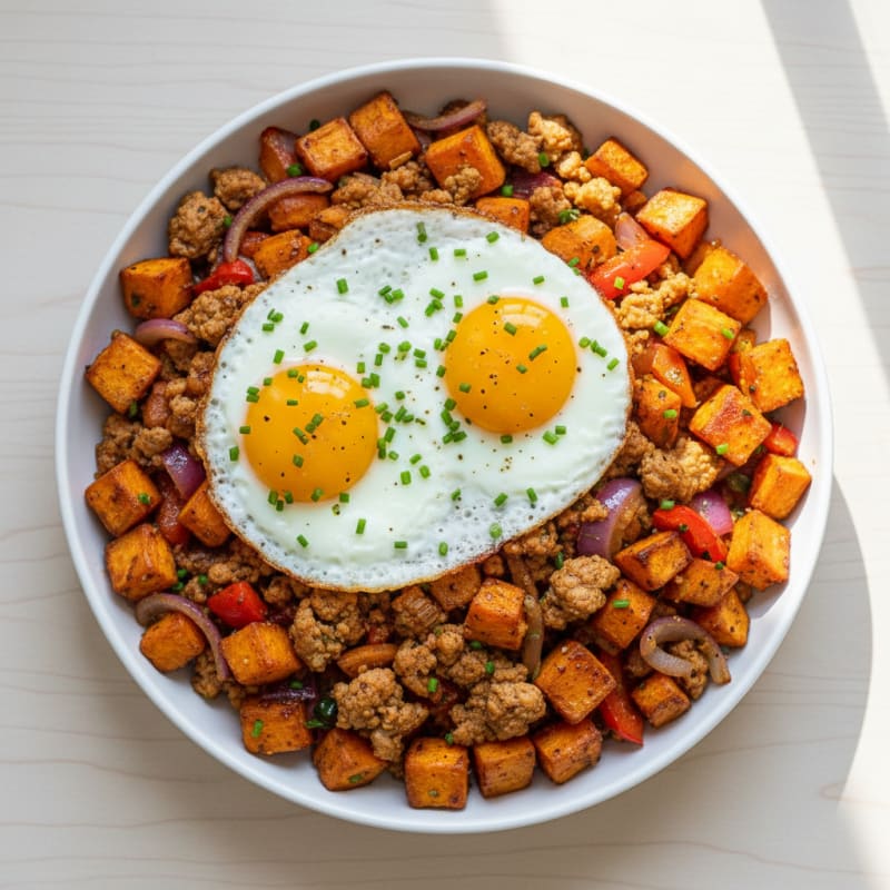 Crispy Roasted Sweet Potato Hash with Eggs