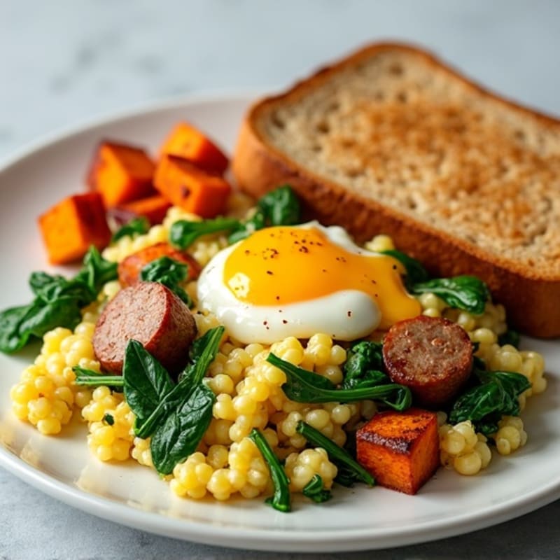 Egg White and Turkey Sausage Scramble with Spinach, Roasted Sweet Potatoes & Toast