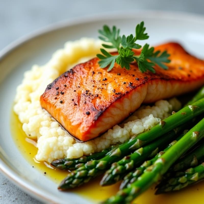 Seared Salmon with Steamed Asparagus and Cauliflower Mash