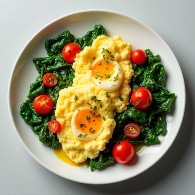 Fluffy Scrambled Eggs with Sautéed Spinach and Cherry Tomatoes