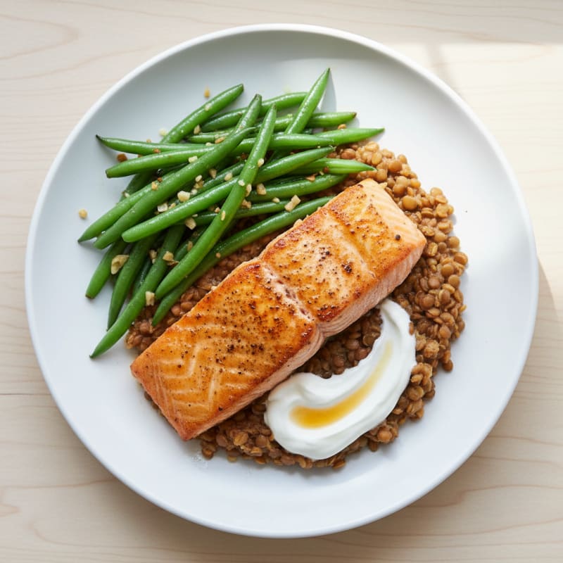 Seared Salmon Fillet with Garlic Green Beans and Lentil Mash