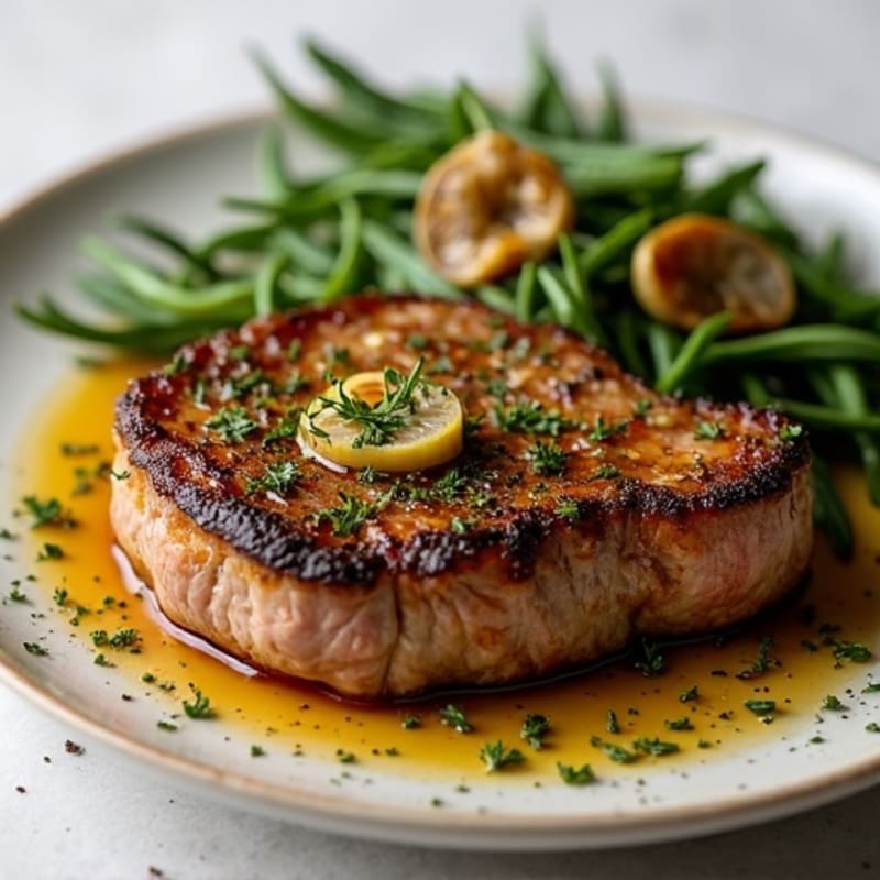 Herb-Crusted Pan Seared Steak with Roasted Garlic