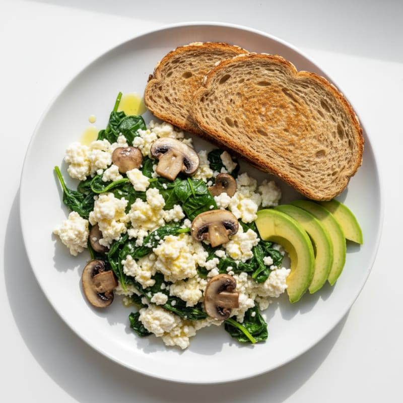 Egg White and Cottage Cheese Scramble with Spinach and Sautéed Mushrooms