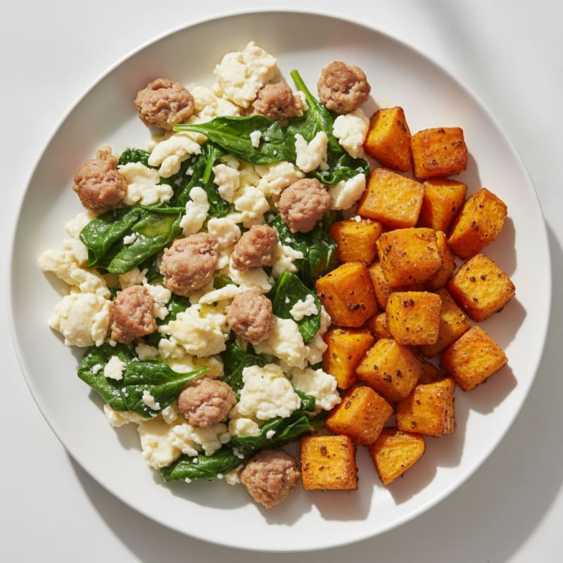 Egg White and Turkey Sausage Scramble with Spinach and Roasted Sweet Potato