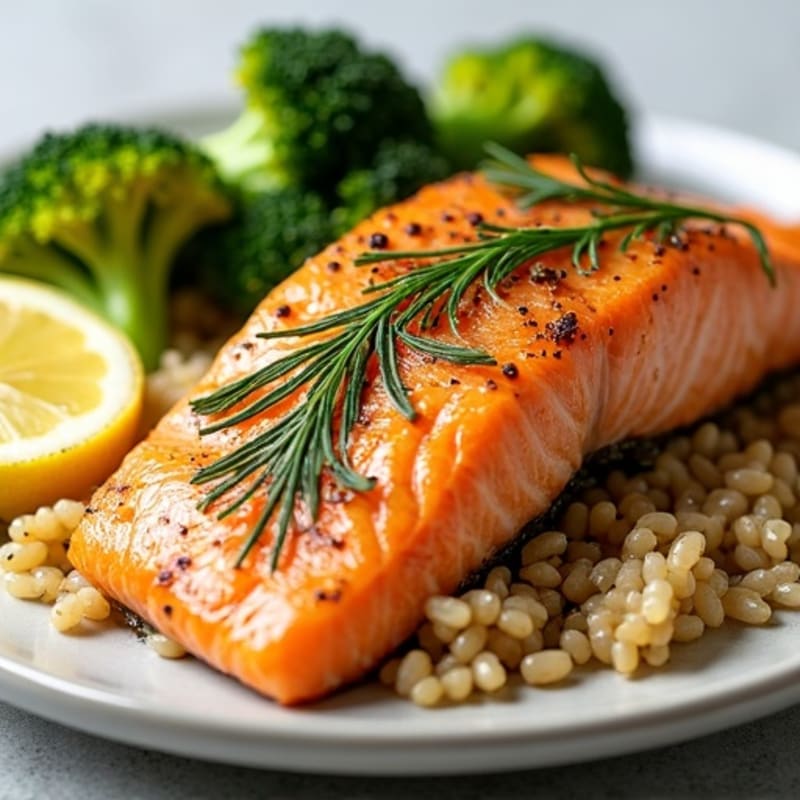 Lemon Herb Roasted Salmon with Brown Rice and Crispy Roasted Broccoli