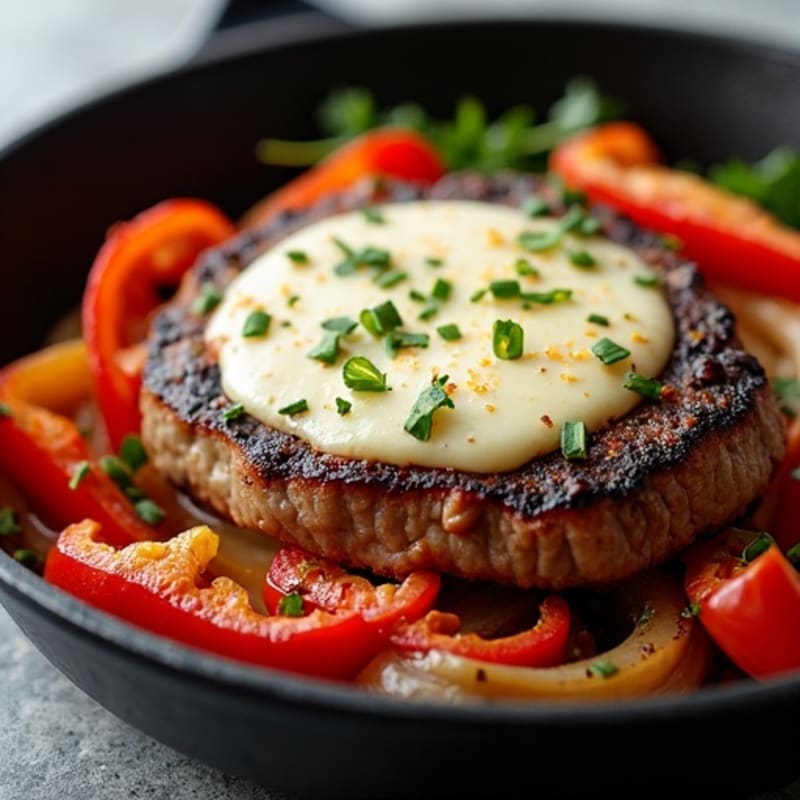 Skillet Seared Lean Steak with Peppers, Onions, and Creamy Provolone