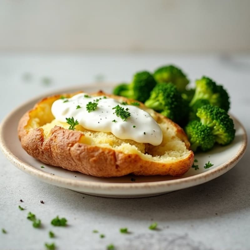 Fluffy Baked Potato with Creamy Greek Yogurt Chicken and Steamed Broccoli