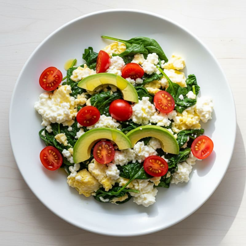 Egg White and Spinach Scramble with Cottage Cheese and Fresh Tomatoes