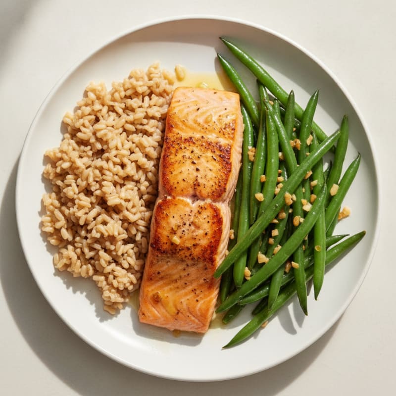 Seared Salmon Fillet with Garlic Green Beans and Brown Rice