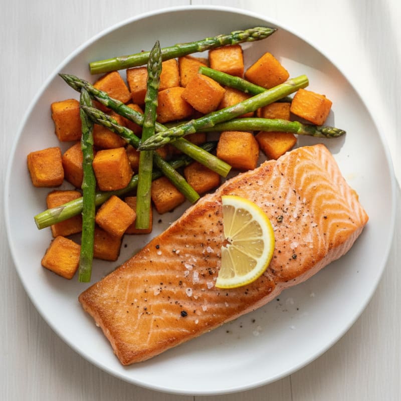 Seared Salmon Fillet with Roasted Sweet Potatoes and Asparagus