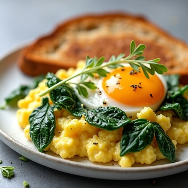 Scrambled Eggs with Cottage Cheese and Sautéed Spinach (with Toast)