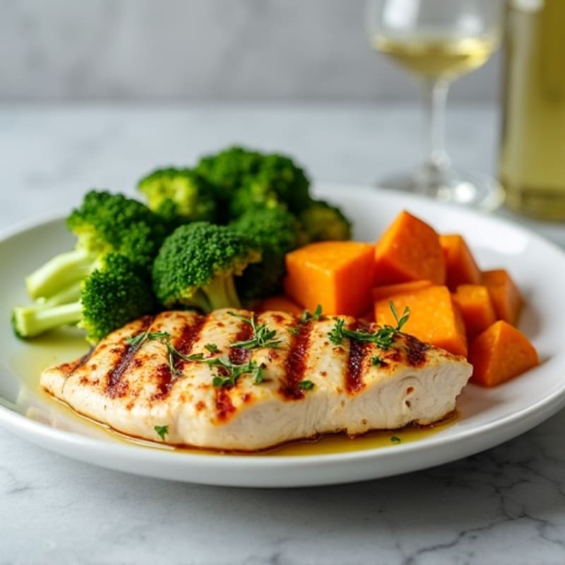 Grilled Chicken Breast with Roasted Sweet Potatoes and Steamed Broccoli