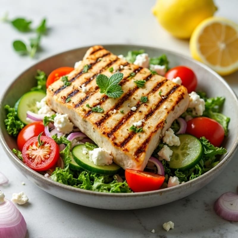 Grilled Chicken and Fresh Vegetable Salad with Feta and Lemon Herb Dressing