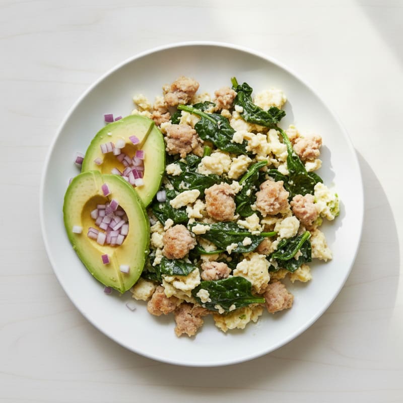 Egg White and Turkey Sausage Scramble with Sautéed Spinach