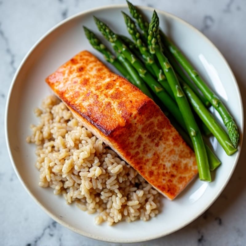 Seared Salmon Fillet with Steamed Asparagus and Brown Rice