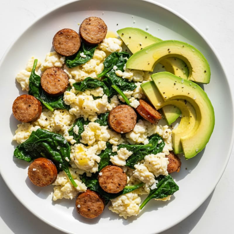 Scrambled Egg Whites with Turkey Sausage and Sautéed Spinach