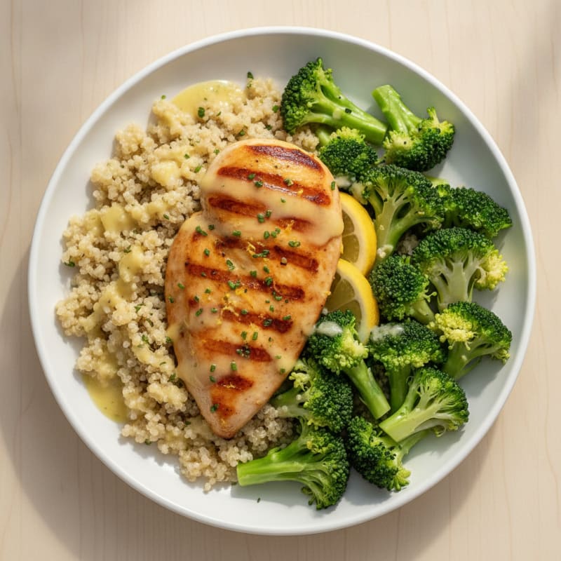 Grilled Chicken Breast with Steamed Broccoli and Quinoa