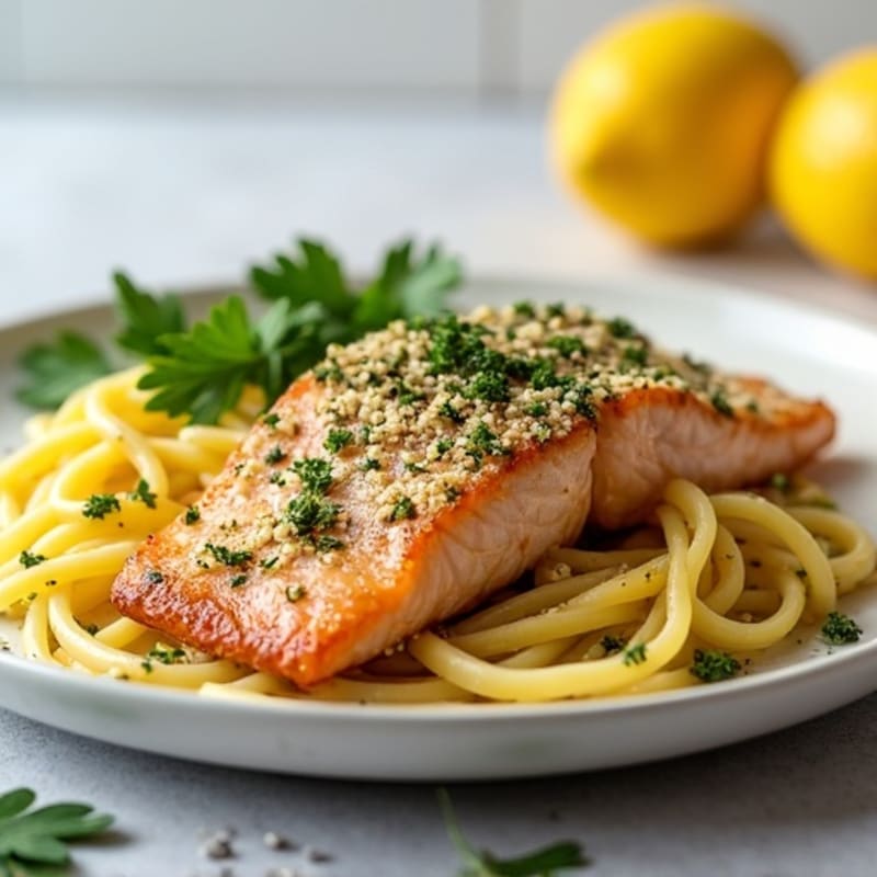 Herb-Crusted Salmon with Lemon Garlic Gluten-Free Noodles