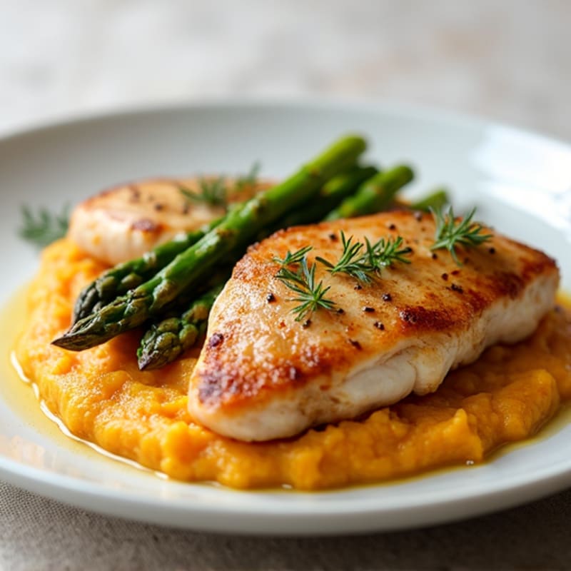Seared Chicken Breast with Roasted Asparagus and Sweet Potato Mash