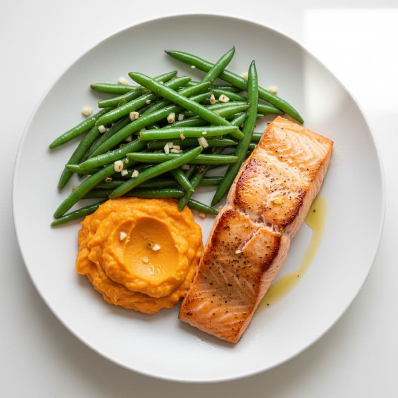 Seared Salmon with Garlic Green Beans and Sweet Potato Mash