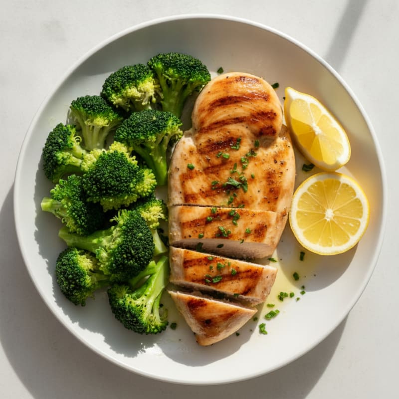 Grilled Chicken Breast with Steamed Broccoli and Lemon
