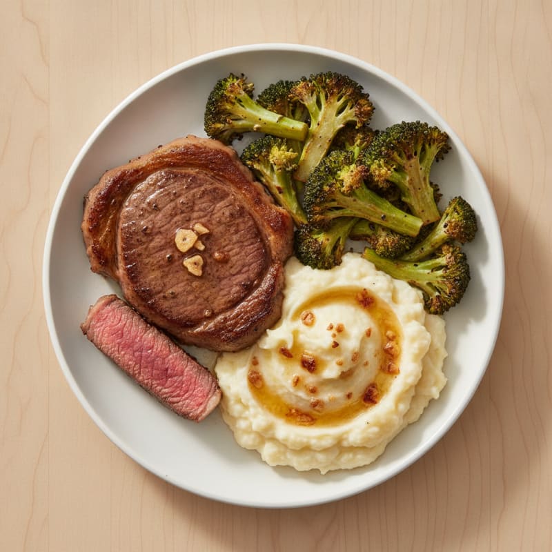 Seared Lean Beef with Roasted Broccoli and Garlic Mashed Cauliflower