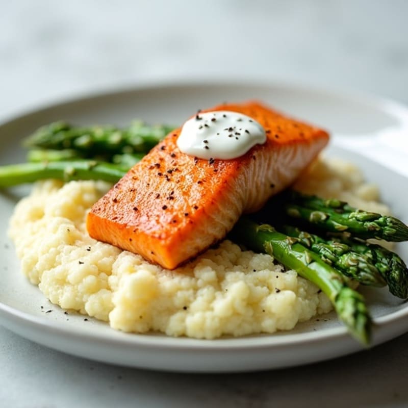Seared Salmon with Steamed Asparagus and Cauliflower Mash