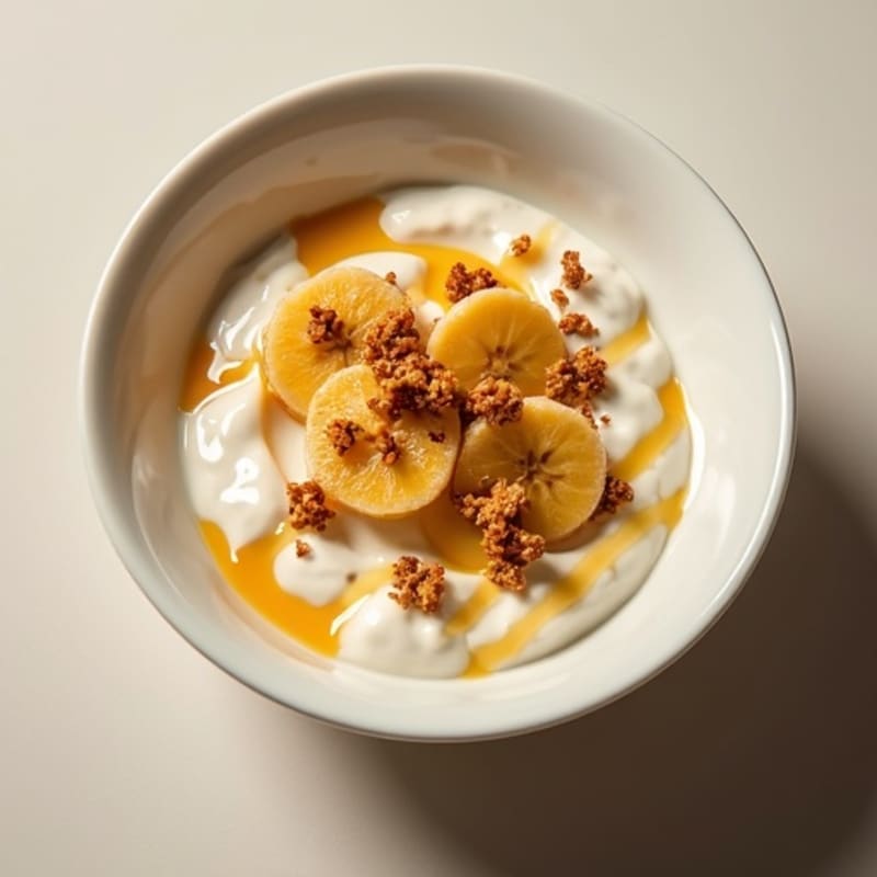 Honey-Vanilla Greek Yogurt Bowl with Caramelized Banana and Crunchy Maple Granola