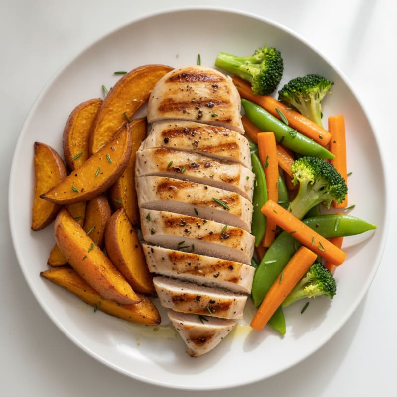 Grilled Chicken Breast with Roasted Sweet Potato and Steamed Vegetables
