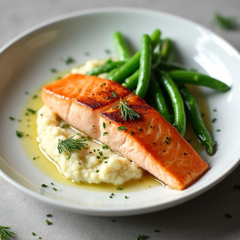 Seared Salmon with Garlic Green Beans and Cauliflower Mash