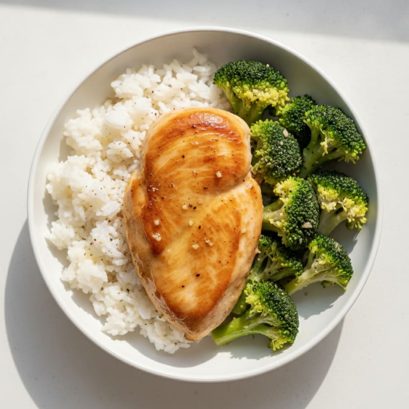 Seared Chicken Breast with Steamed Rice and Broccoli