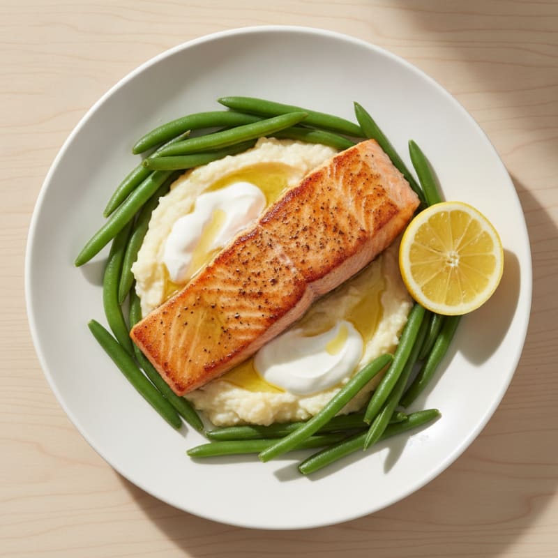 Seared Salmon Fillet with Steamed Green Beans and Cauliflower Mash