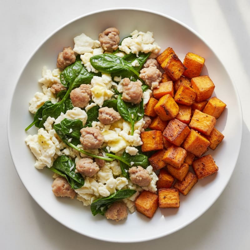Egg White and Turkey Sausage Scramble with Spinach and Roasted Sweet Potato
