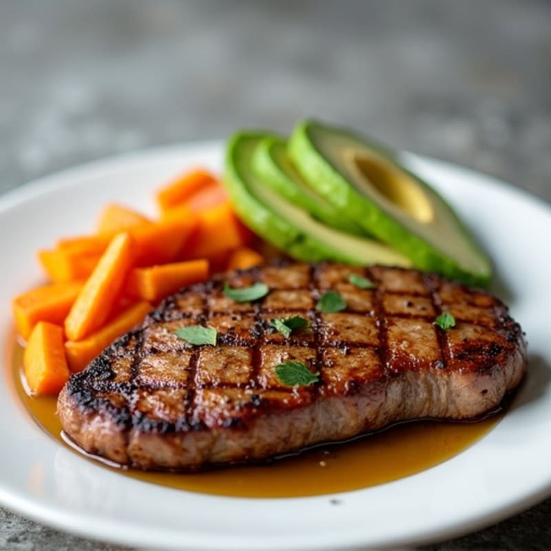 Pan-Seared Steak with Roasted Sweet Potatoes and Fresh Avocado