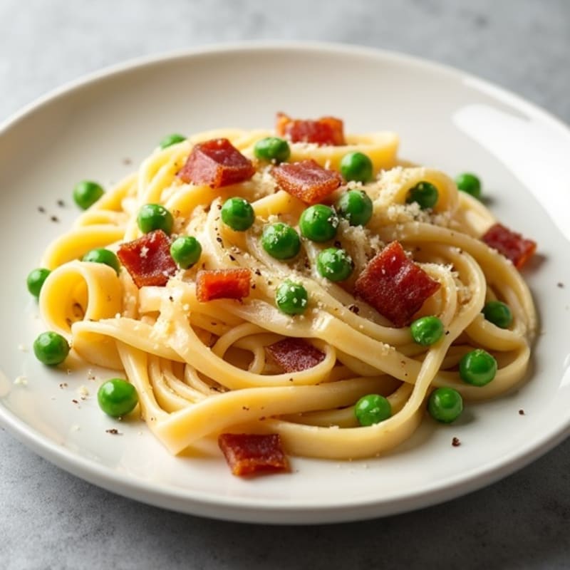 Creamy Whole Wheat Pasta Carbonara with Crispy Turkey Bacon and Peas