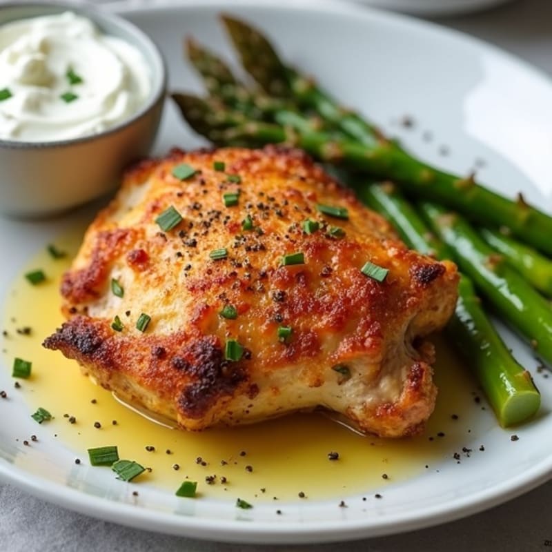 Crispy Roasted Chicken Thighs with Lemon-Garlic and Roasted Asparagus