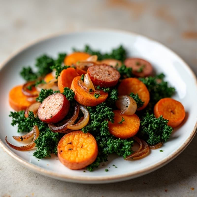 Crispy Sweet Potato and Kale Hash with Chicken Sausage