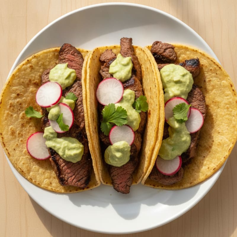 Carne Asada Tacos with Avocado Crema