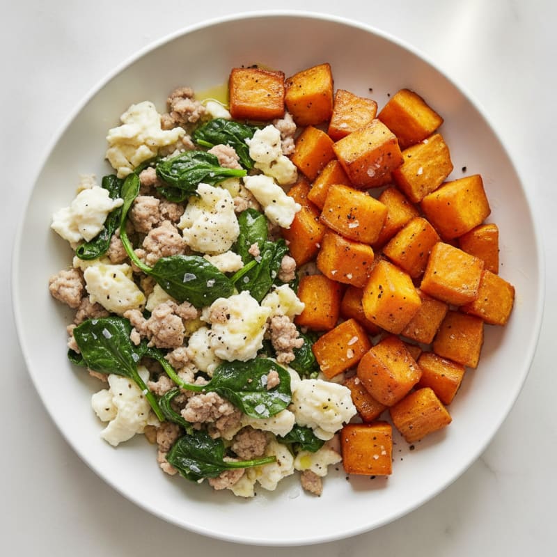 Egg White and Turkey Spinach Scramble with Roasted Sweet Potatoes