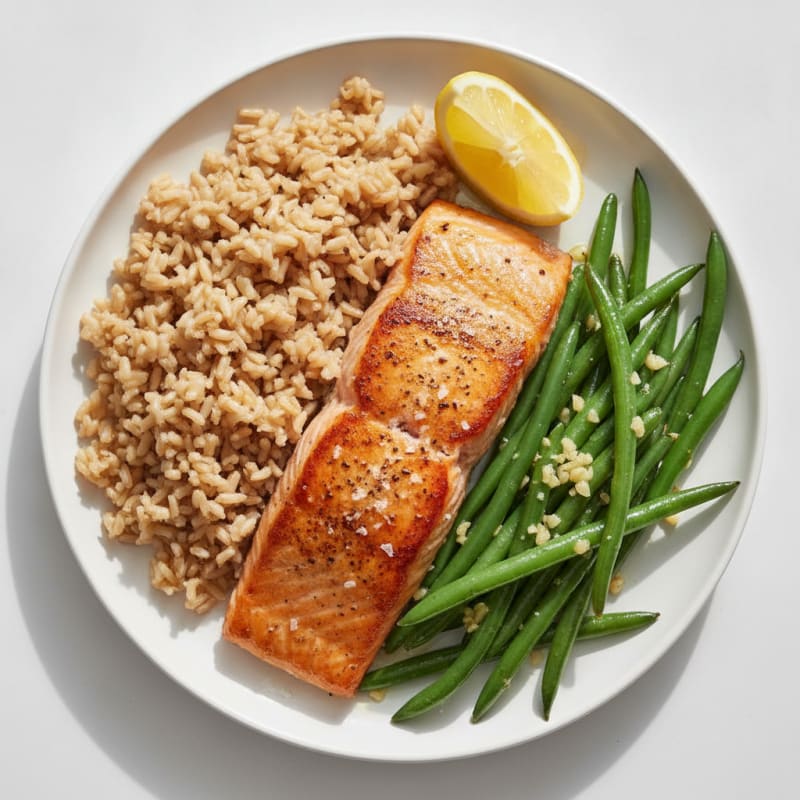 Seared Salmon with Garlic Green Beans and Brown Rice
