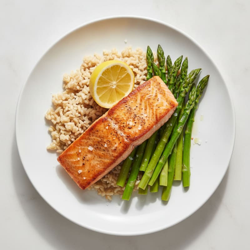 Seared Salmon with Steamed Asparagus and Brown Rice