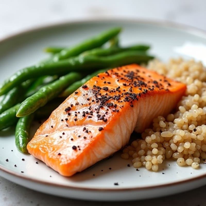 Seared Salmon with Steamed Green Beans and Brown Rice