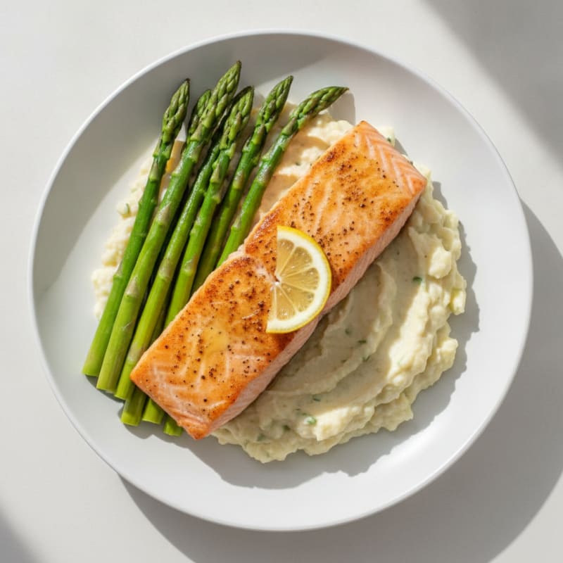 Seared Salmon Fillet with Steamed Asparagus and Cauliflower Mash