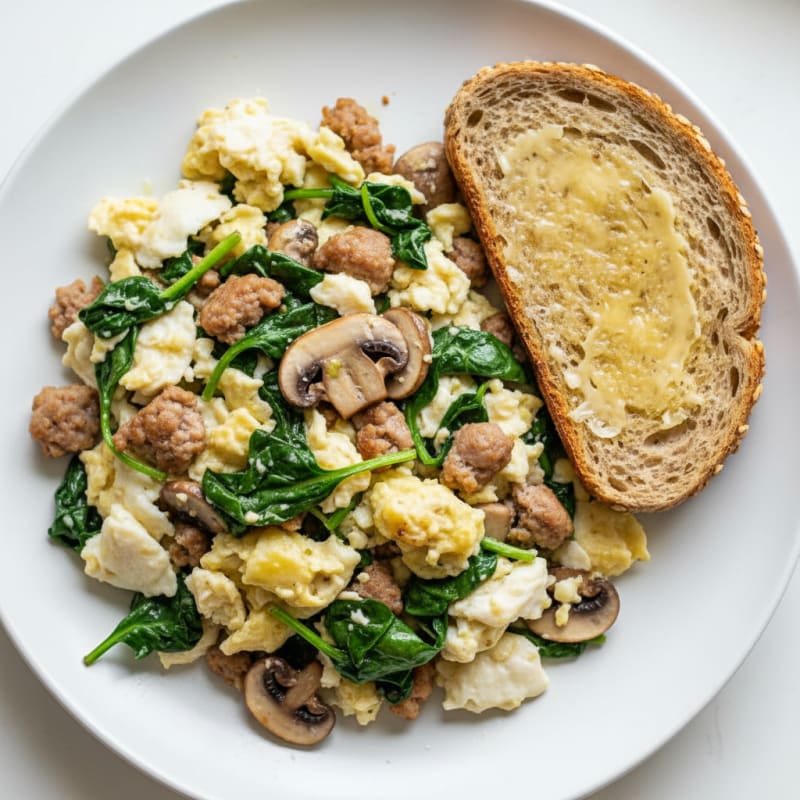 Egg White and Turkey Sausage Scramble with Spinach and Sautéed Mushrooms